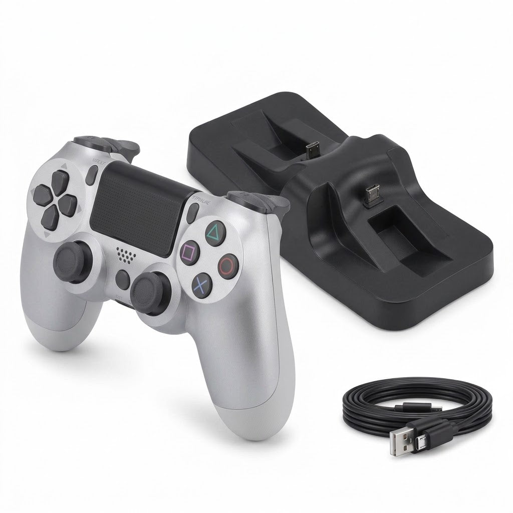 Kit Gamer Pro Inalámbrico para P4: Control Bluetooth - Base Dock de Carga Doble - Cable Reforzado 2M