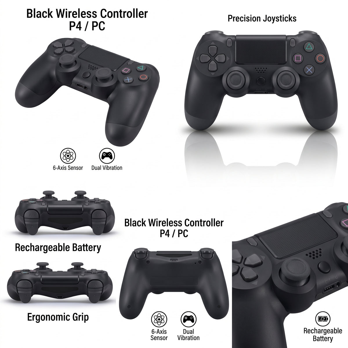 Control Gamer Inalámbrico Recargable Bluetooth con Doble Vibración – Compatible con P4 / Slim / Pro y PC